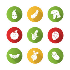 Fototapeta premium Vegetables and fruits cute kawaii flat design long shadow glyph characters set