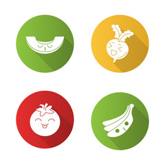 Vegetables and fruits cute kawaii flat design long shadow glyph characters set