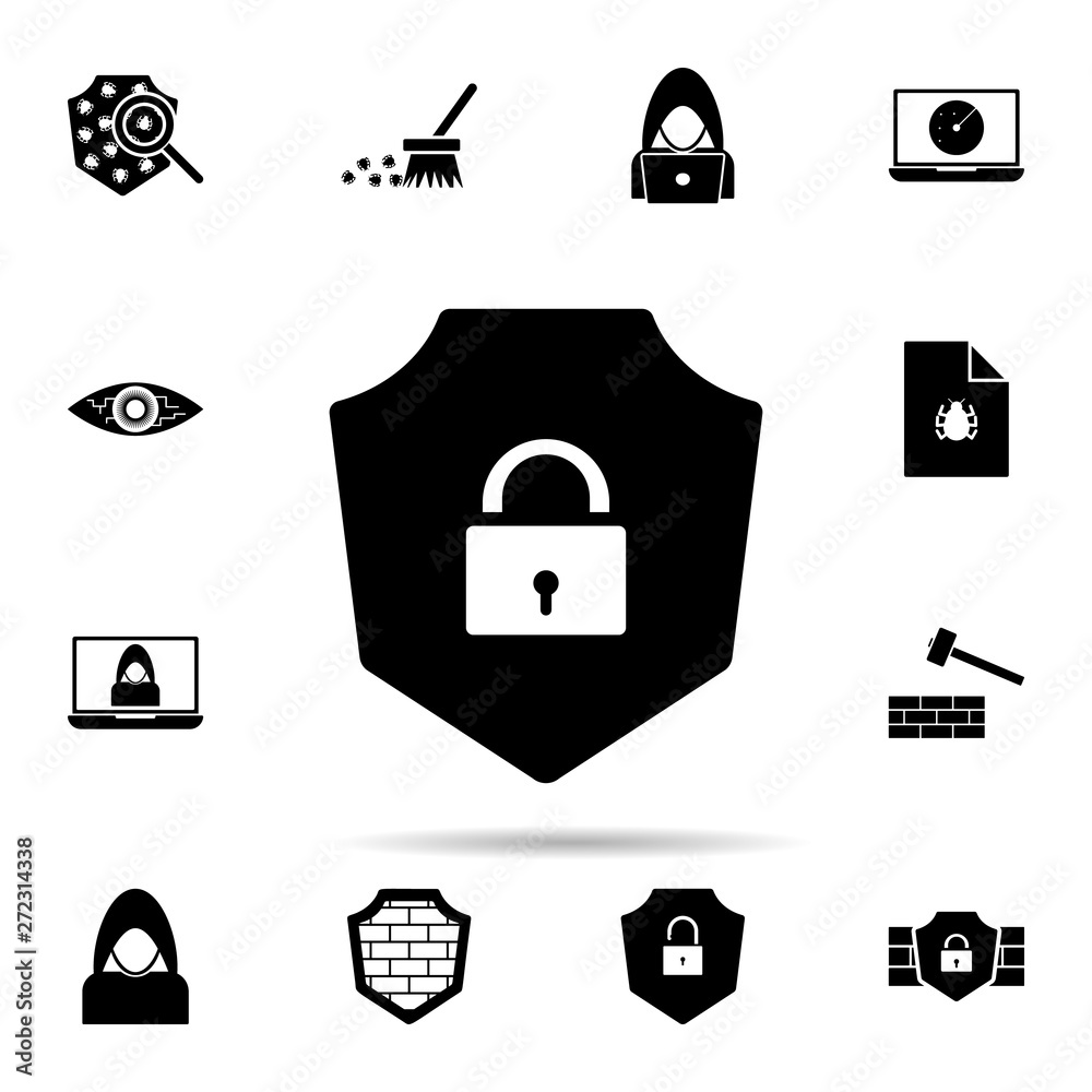Poster shield and lock icon. universal set of hacker for website design and development, app development