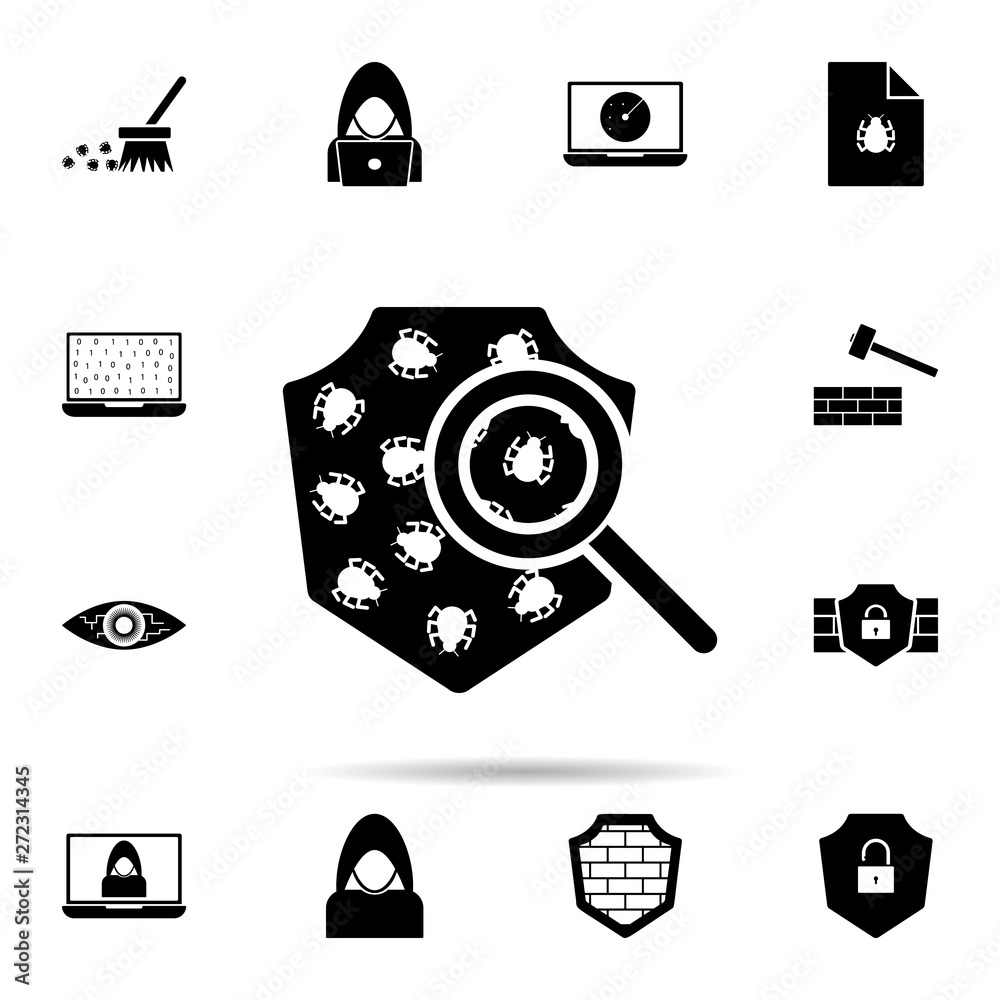 Poster search for viruses in the shield icon. universal set of hacker for website design and development, a