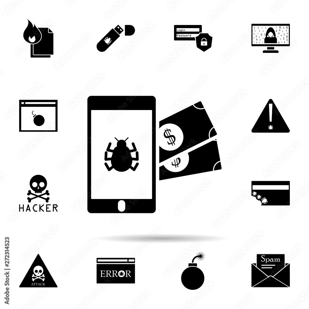 Poster steal money with a virus icon. universal set of hacker for website design and development, app devel