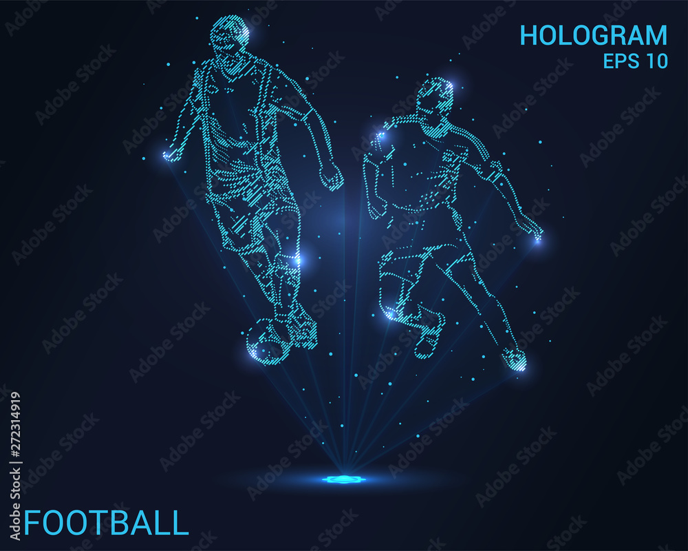 Wall mural Hologram football. A holographic projection of a football player. Flickering energy flux of particles. The scientific design of the sport.