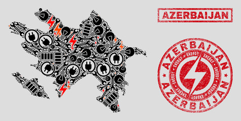 Composition of mosaic power supply Azerbaijan map and grunge stamps. Mosaic vector Azerbaijan map is composed with workshop and lamp icons. Black and red colors used.