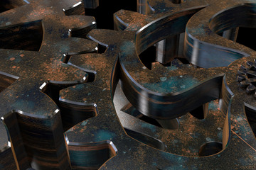 Rusty antique gears in the mechanism are made in 3d