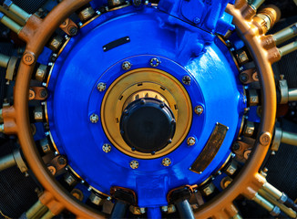 Blue airplane engine in detail background