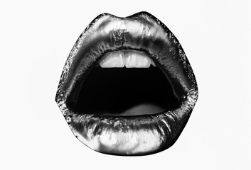 Metallic. Close up of beautiful woman lips with matt lipstick. Open mouth with white teeth. Cosmetology, drugstore or fashion makeup concept. Beauty studio shot. Passionate kiss. - obrazy, fototapety, plakaty