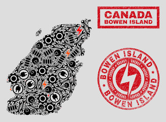 Composition of mosaic power supply Bowen Island map and grunge stamp seals. Collage vector Bowen Island map is created with gear and lamp symbols. Black and red colors used.