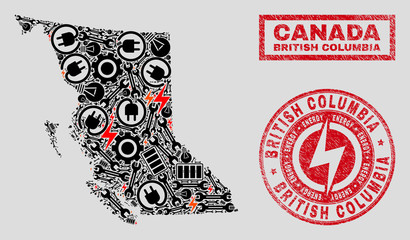Composition of mosaic power supply British Columbia map and grunge watermarks. Mosaic vector British Columbia map is composed with gear and power symbols. Black and red colors used.