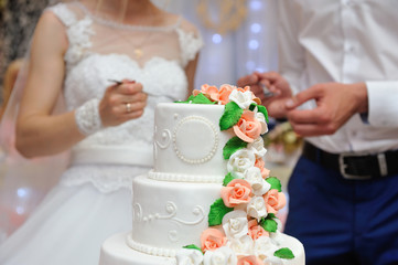 The bride and groom cut their wedding cake and put a piece on the plate. Hands, knife and wedding...