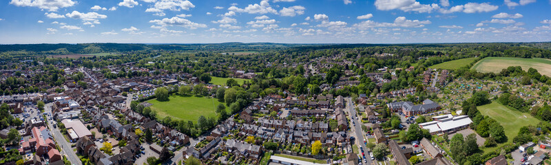 Fototapeta na wymiar Aerial panoramic view of Marlow in Buckinghamshire, captured from Dean street, a residential street close to the town centre