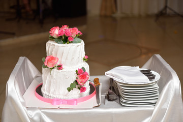 A beautiful two-tiered wedding cake decorated with white cream and pink rose flowers. Close-up