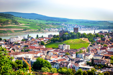 Obraz premium Destination -Rudeshemer Roseneck town and vineyards in Germany during summer season