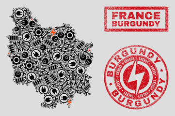 Composition of mosaic power supply Burgundy Province map and grunge seals. Collage vector Burgundy Province map is created with hardware and bulb symbols. Black and red colors used.