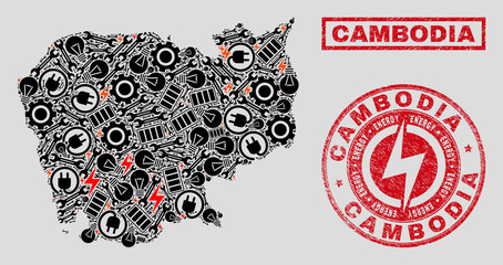 Composition of mosaic power supply Cambodia map and grunge seals. Mosaic vector Cambodia map is created with equipment and power elements. Black and red colors used.