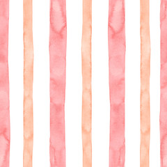 Delicate watercolor seamless pattern with light orange and pink vertical strips and lines on white background. Striped decorative print in vintage style.
