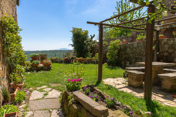 garden in an old houses in medieval village of civita di bagnoregio, italy