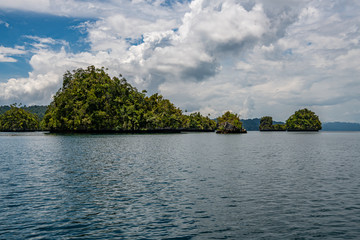 Fototapeta na wymiar Waigeo, Kri, Mushroom Island, group of small islands in shallow blue lagoon water, Raja Ampat, West Papua, Indonesia