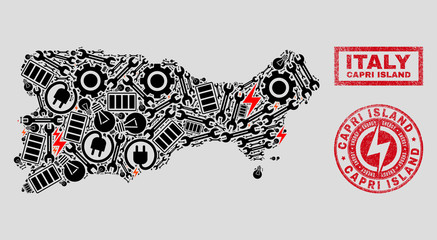 Composition of mosaic power supply Capri Island map and grunge watermarks. Mosaic vector Capri Island map is created with service and innovation icons. Black and red colors used.