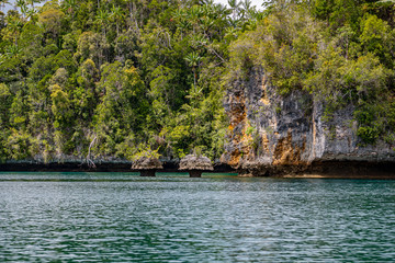 Waigeo, Kri, Mushroom Island, group of small islands in shallow blue lagoon water, Raja Ampat, West Papua, Indonesia