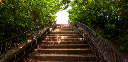 Steps in the woods in Highland Park, located in Pittsburgh, Pennsylvania, USA on a sunny day - obrazy, fototapety, plakaty
