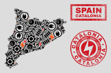 Composition of mosaic electrical Catalonia map and grunge seals. Mosaic vector Catalonia map is created with gear and power elements. Black and red colors used. Templates for power supply services.