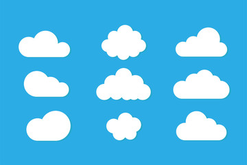 Set of clouds isolated on blue background. Weather signs. White paper stickers. Collection of clouds icon.