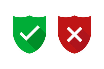 Two green and red shields with checkmark and cross isolated. Security or safe sign. Internet defence symbol. Web technology secure icon. - obrazy, fototapety, plakaty