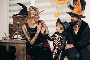 Holiday halloween with funny carnival costumes on a halloween background. Best ideas for Halloween....