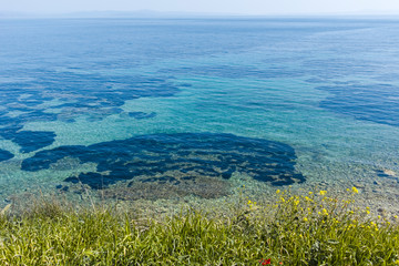 Seascape of coastline of town of Nea Fokea, Kassandra, Chalkidiki, Central Macedonia, Greece