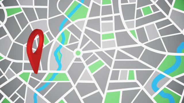 Schematic map of the city with a red pinpoint. Rotating animated map marker going draw attention to a specific point on the abstract schematic map of the city. Seamless loop animation