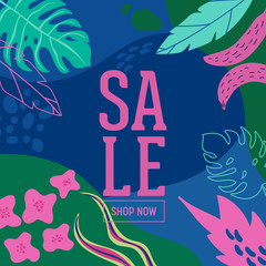 Summer Sale poster with tropic leaves and flowers, advertisement banner and tropical background in modern flat style, flash spring special offer, poster vacation ad, flyer. Vector illustration