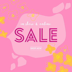 Obraz premium Summer Sale poster with tropic leaves, flowers, advertisement banner and tropical background in modern flat style, flash spring special offer, poster vacation ad, flyer. Vector illustration