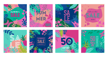Set of Summer Sale poster with tropic leaves and flowers, advertisement banner and tropical background in modern flat style, flash spring special offer, poster vacation ad, flyer. Vector illustration