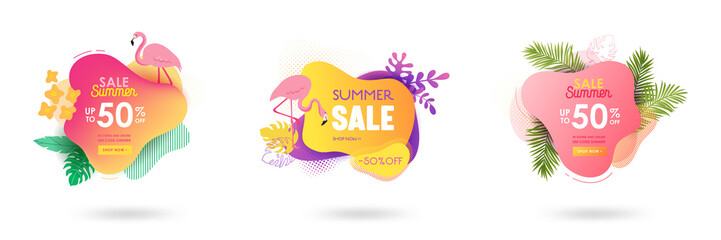 Set of Summer sale banner template. Liquid abstract geometric bubble with tropic flowers, flamingo. Tropical background and backdrop, Promo badge for seasonal offer, promotion, advertising. Vector