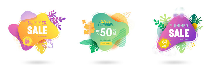 Set of Summer sale banner template. Liquid abstract geometric bubble with tropic flowers, Tropical background and backdrop, Promo badge for seasonal offer, promotion, advertising. Vector illustration