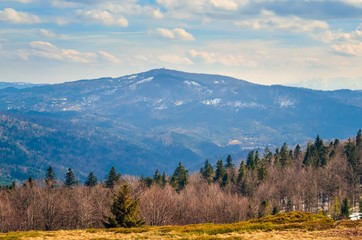 Beautiful spring mountain landscape. Fabulous view of the hills and valleys in Poland.