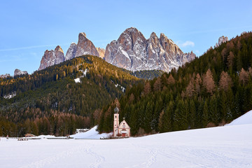 view on puez odle from val di funes, dolomites, italy