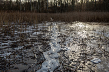 Obraz na płótnie Canvas pieces of frozen ice in the lake in dim winter day