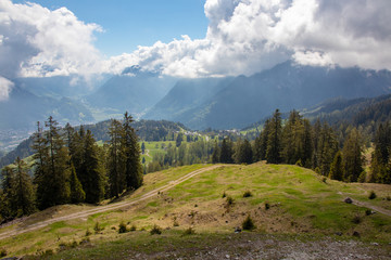 Fototapeta na wymiar Panorama of an alpine landscape with high mountains, green meadows and trees in spring with snow in Austrian Alps