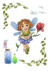 Obraz na płótnie Canvas watercolor fairy with poppy in her hands