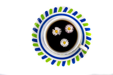Tasty fresh tea with a floating flower. A cup of nutritious drink on a wooden kitchen table.