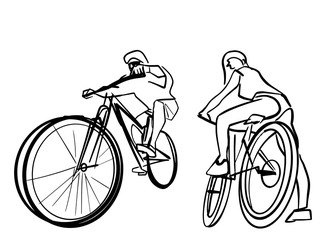 Set of male and female two bicyclists on bicycles. Abstract isolated contour. Hand drawn outlines. Black line drawing. Cycling illustration. Vector silhouette.