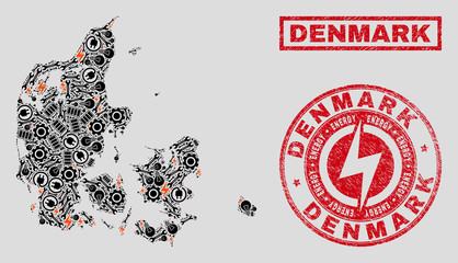 Composition of mosaic power supply Denmark map and grunge stamp seals. Mosaic vector Denmark map is created with workshop and innovation icons. Black and red colors used.