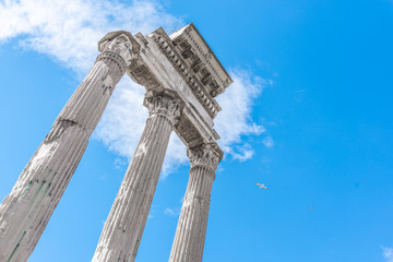 Temple of Castor and Pollux, Italian: Tempio dei Dioscuri. Ancient ruins of Roman Forum, Rome, Italy