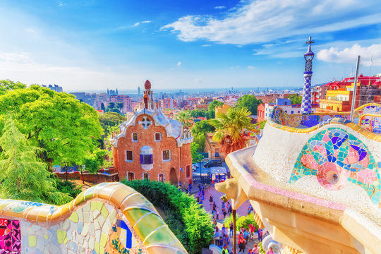 Barcelona, Spain, Famous Landmark Park Guell. Colorful Summer Scene Of Eye-popping Architecture. Popular Travel Destination In Spain, Europe. UNESCO World Heritage List Spot.
