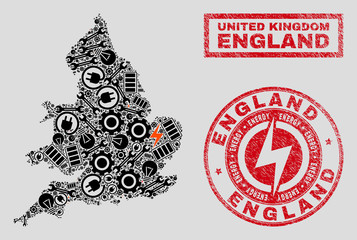 Composition of mosaic power supply England map and grunge watermarks. Mosaic vector England map is designed with tools and electricity symbols. Black and red colors used.