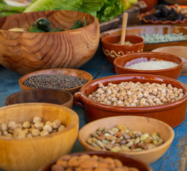 Medieval nuts and herbs on table