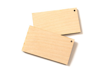 Two wood business card isolated on white background. Top view