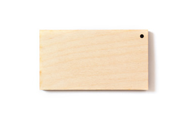 wood business card isolated on white background. Top view