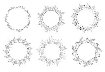 Floral black and white Frame Collection in line style. Set of cute retro leaf arranged un a shape of the wreath